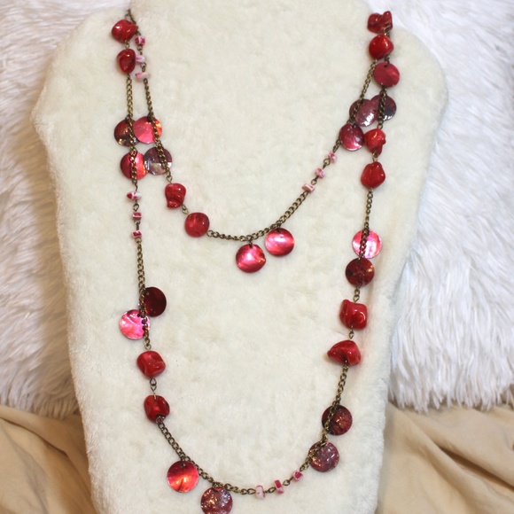 90s Red Abalone Shell Coin Long Sweater Necklace - Picture 10 of 12